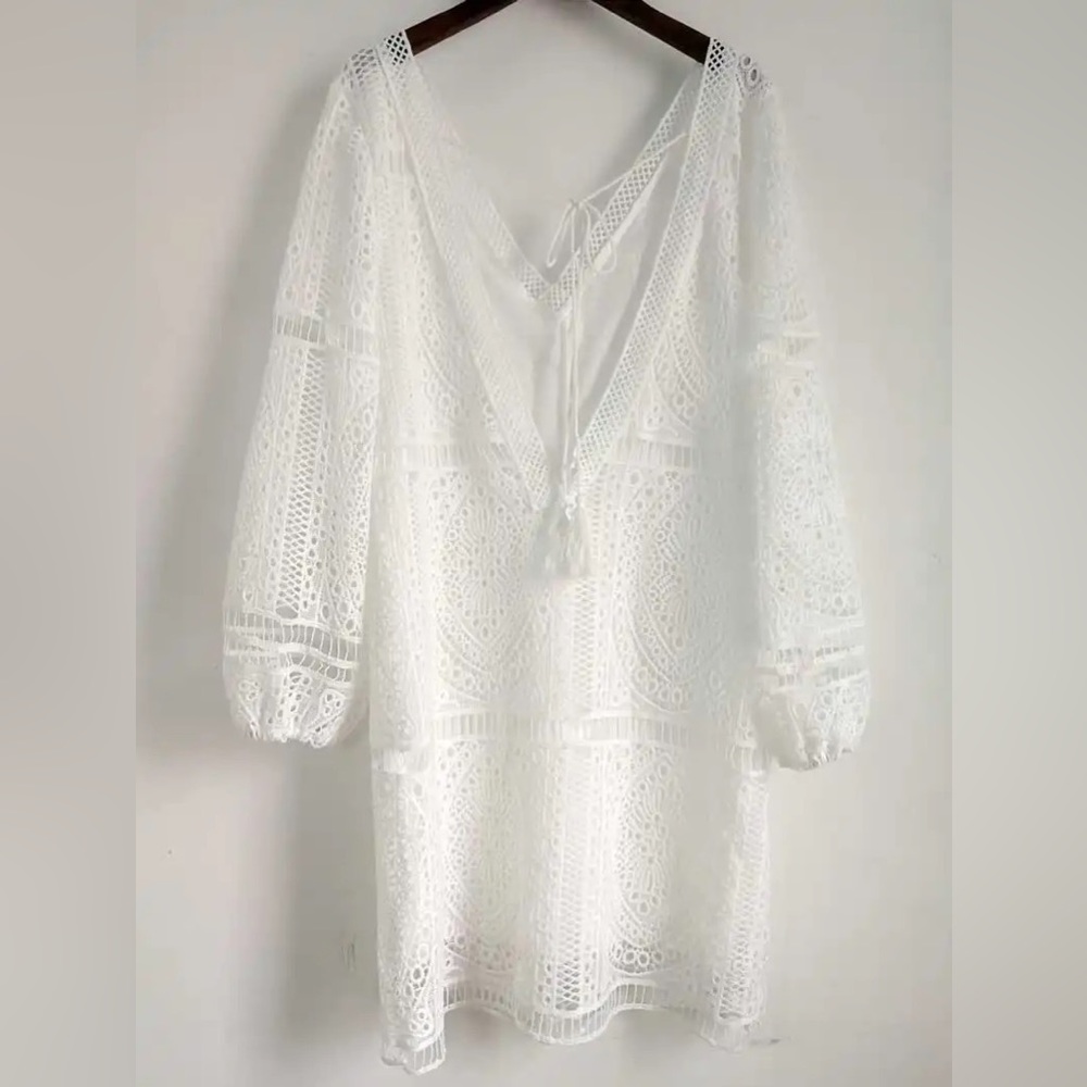 White Crochet Dress V Neck Tie Back, NWT - Picture 5 of 8